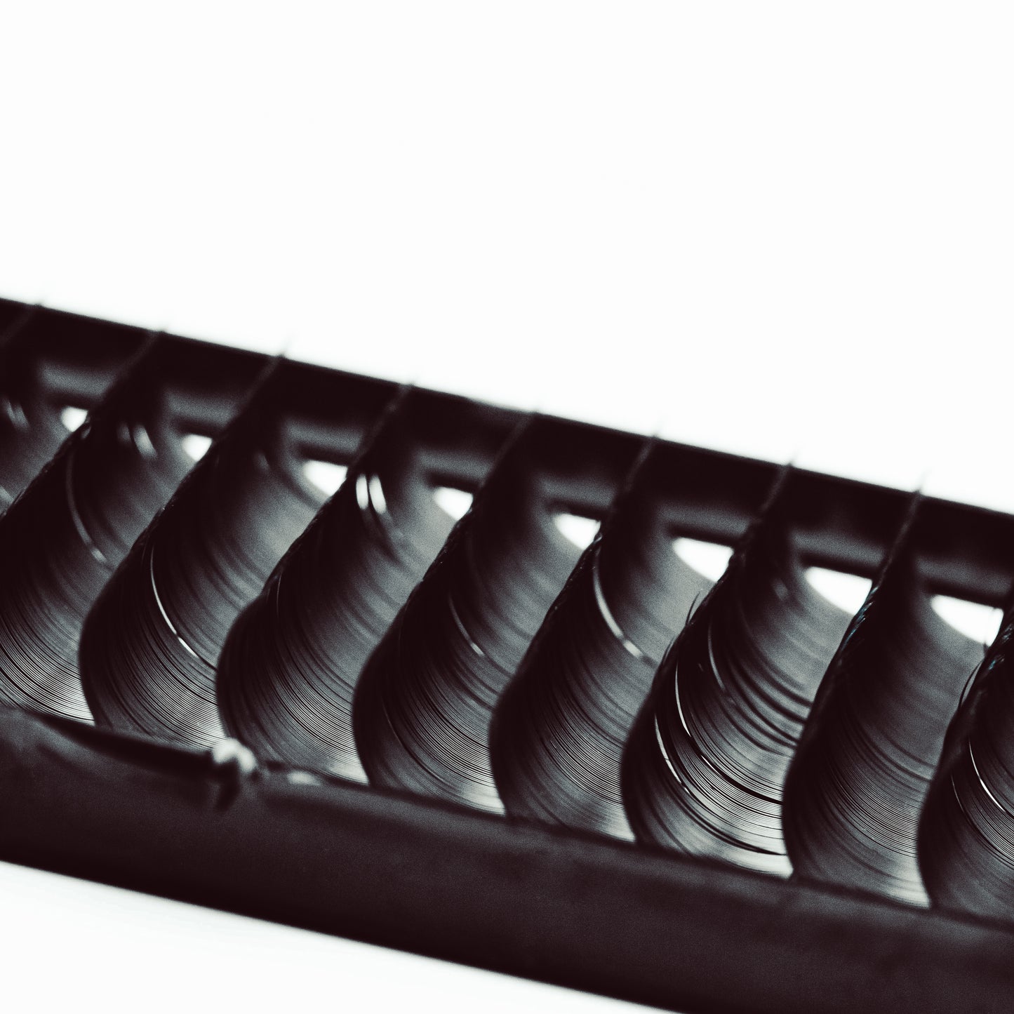B-Curl Eyelash Extensions in tray, closeup